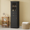 Tall Bathroom Storage Cabinet With Glass Doors, Free-Standing, Two Drawers, And Adjustable Shelves, MDF Board, Painted Perfect For Displaying Your Favorite Items - Black