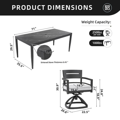 7 Pieces Modern Outdoor Patio Dining Set, Rectangular Dining Table, 6 Swivel Rockers With Sunbrella Cushions - Ember Black