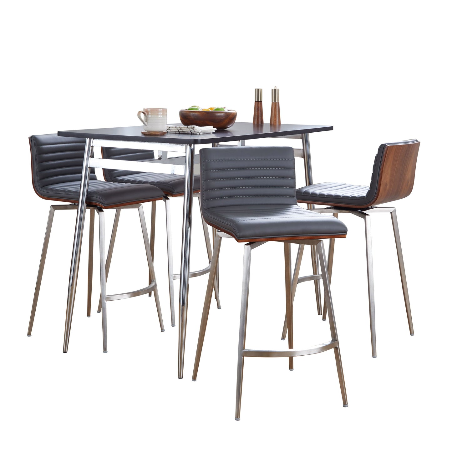 Marcel Mason - 5 Piece Swivel Contemporary Counter Height Dining Set - Chrome - Black / Walnut / Gray