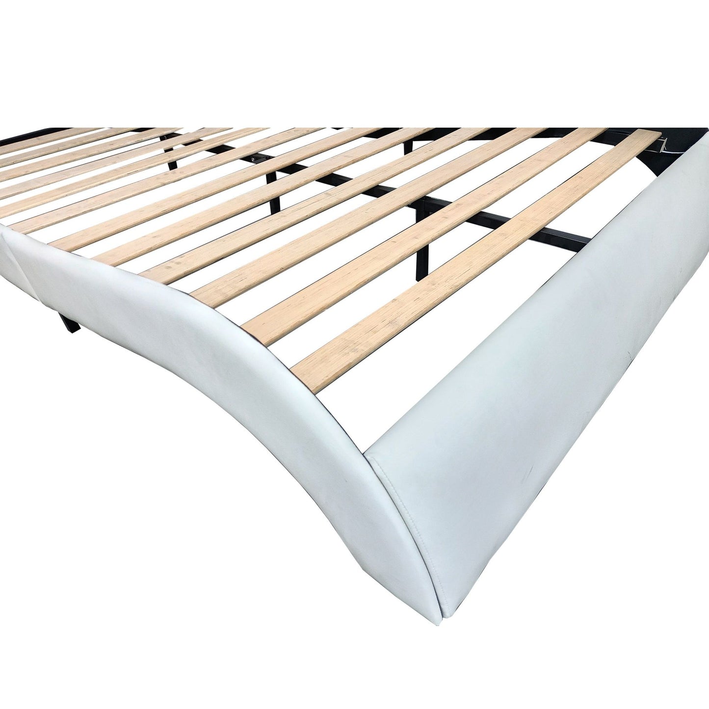 King Size Upholstered Platform Bed Frame With LED Lighting, Bluetooth Connection To Play Music Control, Backrest Vibration Massage, Curve Design, Wood Slat Support, Exhibited Speakers - White