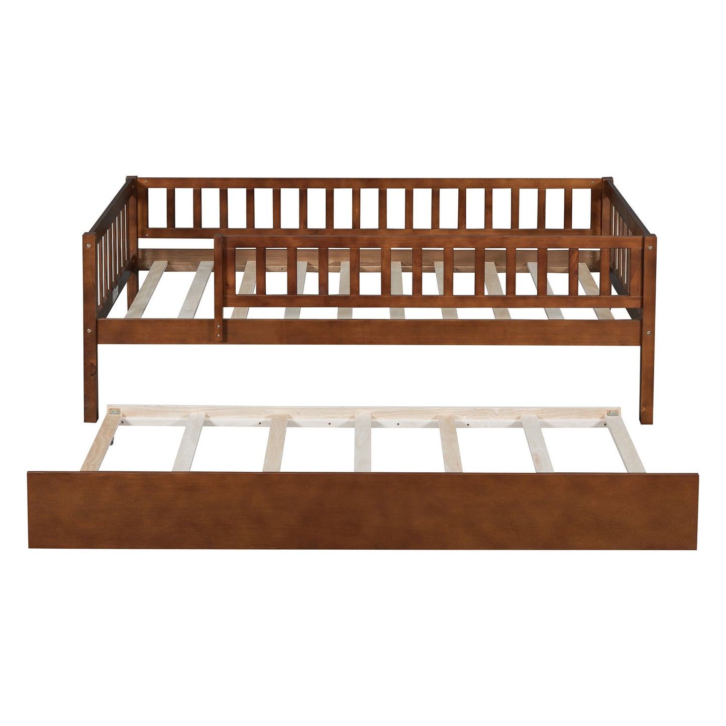 Twin Size Daybed With Trundle And Fence Guardrails - Walnut