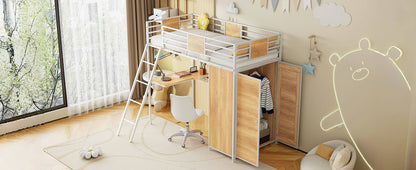 Twin Size Loft Bed With L Shape Desk And Wardrobe - White