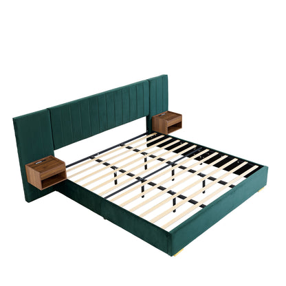 Upholstered King Size Bed Frame Of Velvet Tufted Headboard With Floating Nightstand LED / USB Built-In - Dark Green