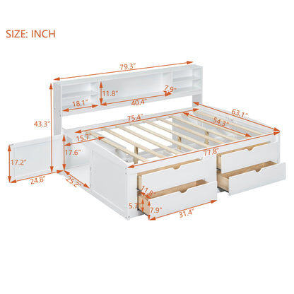 Full Size Daybed With 2 Bedside Cabinets, Upper Shelves And 4 Drawers - White