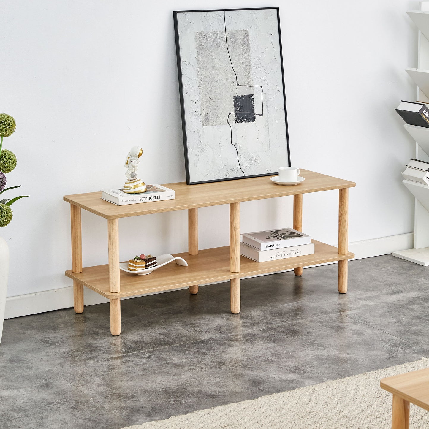 Modern Double Deck TV Cabinet Is Suitable For Living Room, Rectangular Center Table With Open Storage Shelf, Rounded Rubberwood Legs, Stable And Durable - Burly Wood