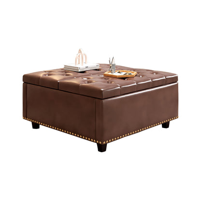 Large Square Storage Stool With 2 Storage Doors, Footstool For Living Room Mid - Century Modern Coffee Table With Nailhead Inlay - Brown