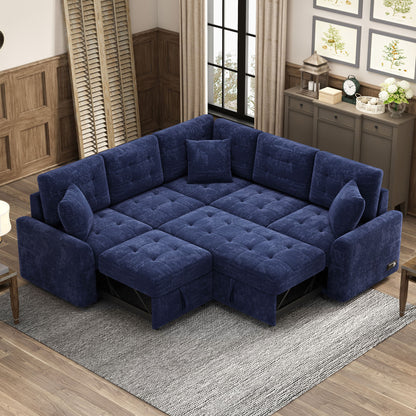 L-Shape Sofa Bed Pull-Out Sleeper Sofa With Wheels, USB Ports, Power Sockets For Living Room - Navy Blue