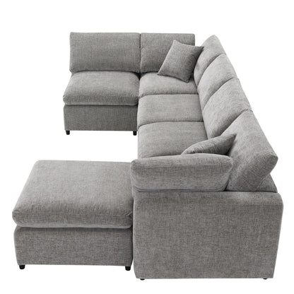 Modern Modular Cloud Sofa Bed, 6 Seat Chenille Sectional Couch Set With Ottoman, Free Combination, Convertible U Shaped Sleeper Sofa - Gray