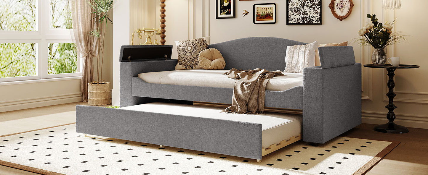 Twin Size Upholstered Daybed With Storage Armrests, Trundle And Latest Integrated Bluetooth Audio System - Gray