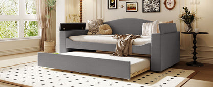 Twin Size Upholstered Daybed With Storage Armrests, Trundle And Latest Integrated Bluetooth Audio System - Gray