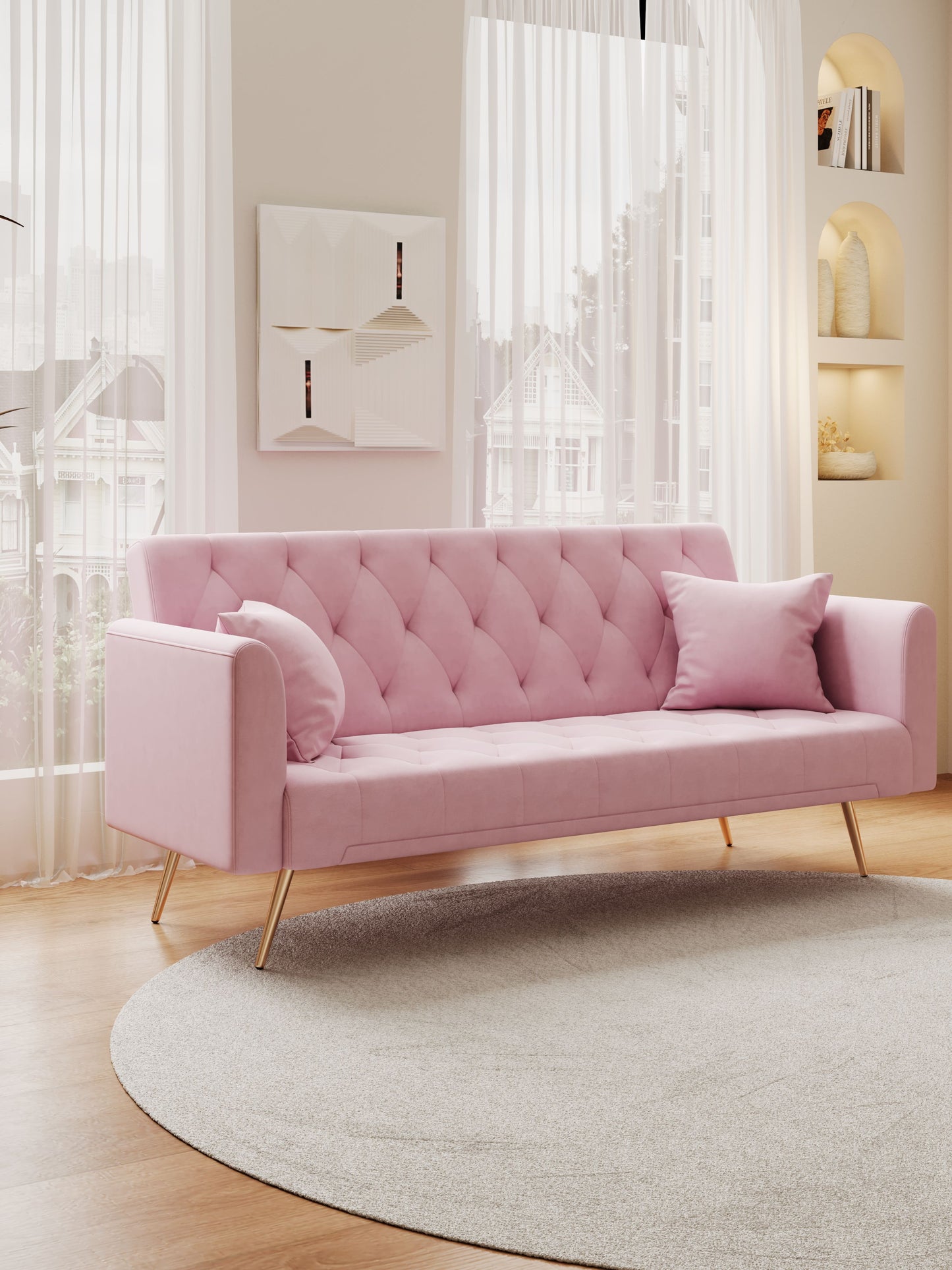 Convertible Double Folding Living Room Sofa Bed - Pink