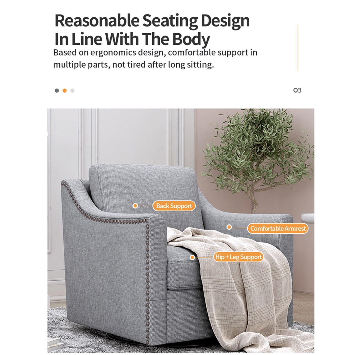 360 Degree Swivel Armchair Cotton Linen Skin - Friendly Fabric Ergonomic Design Brass Nail Decorative Armchair Living Room Chairs Bedroom Chairs Living Room Chairs Black Legs Suitable For Indoor Homes - Gray
