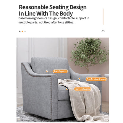360 Degree Swivel Armchair Cotton Linen Skin - Friendly Fabric Ergonomic Design Brass Nail Decorative Armchair Living Room Chairs Bedroom Chairs Living Room Chairs Black Legs Suitable For Indoor Homes - Gray