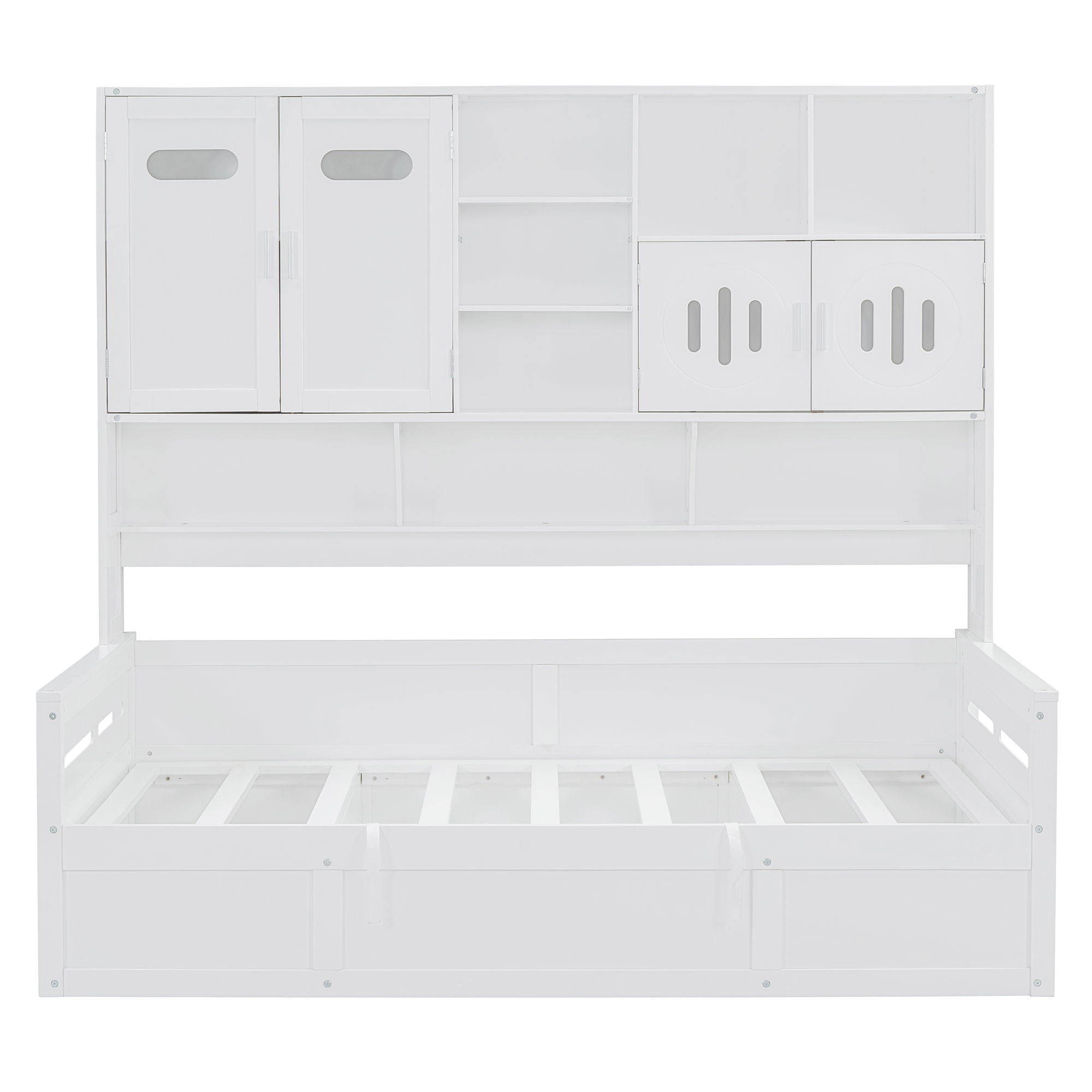 Twin Size Wooden Daybed With Hydraulic Bed And All In One Cabinet And Shelf - White