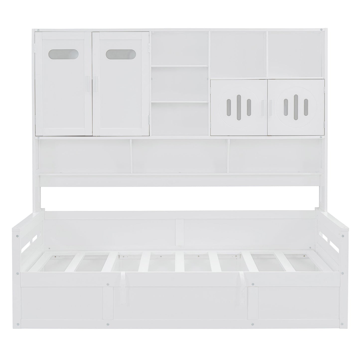 Twin Size Wooden Daybed With Hydraulic Bed And All In One Cabinet And Shelf - White