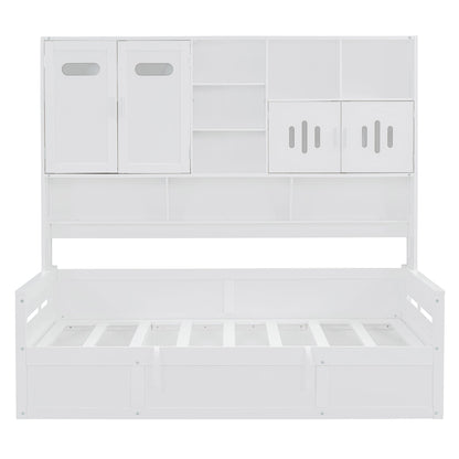 Twin Size Wooden Daybed With Hydraulic Bed And All In One Cabinet And Shelf - White