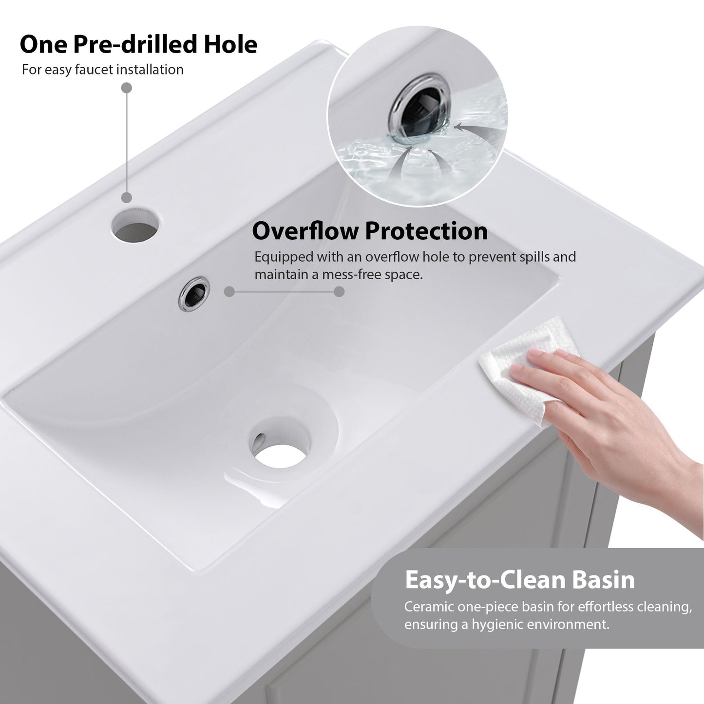 Modern Small Bathroom Vanity Cabinet With Ceramic Basin, Ample Storage, 1 Soft-Close Door - Gray