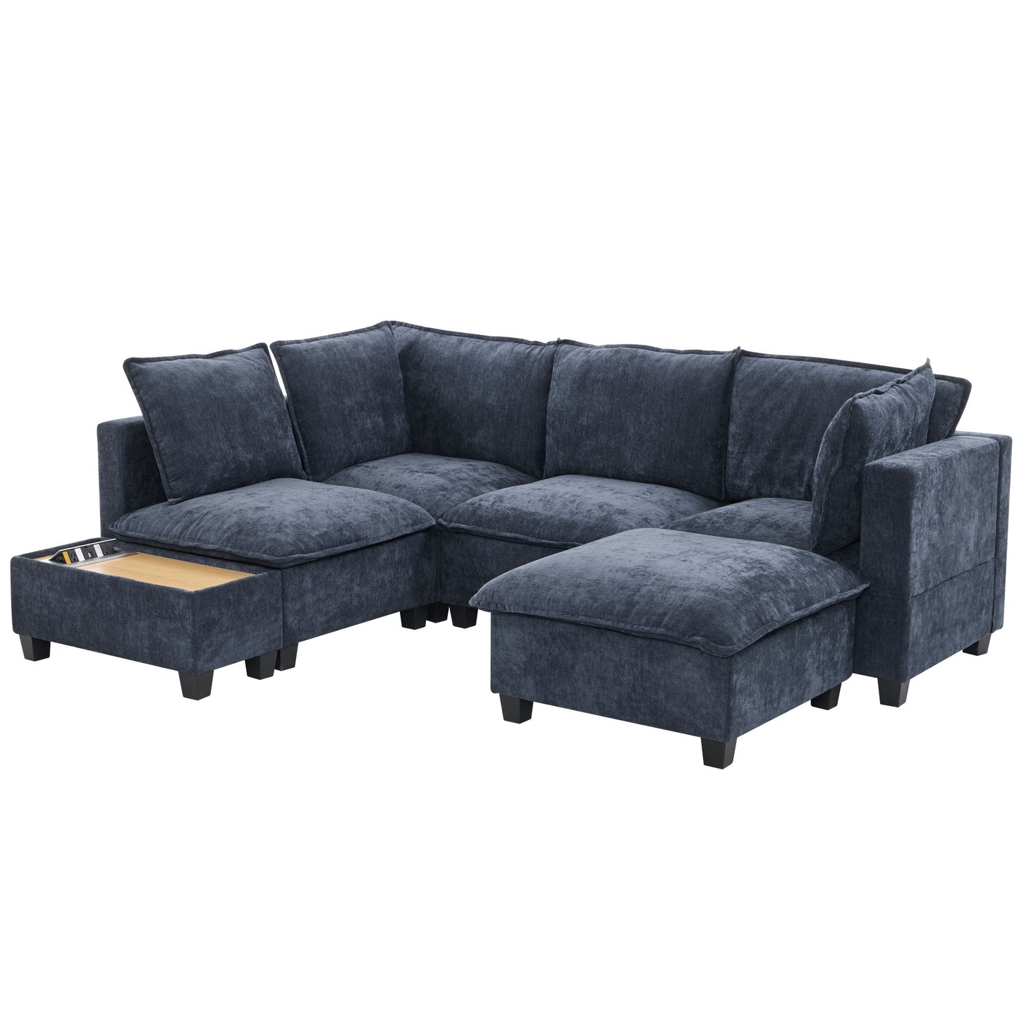 U - Shaped Sectional Sofa Modular Sofa Couch With A Movable Ottoman, A Coffee Table With Hidden Charging Devices For Living Room - Blue