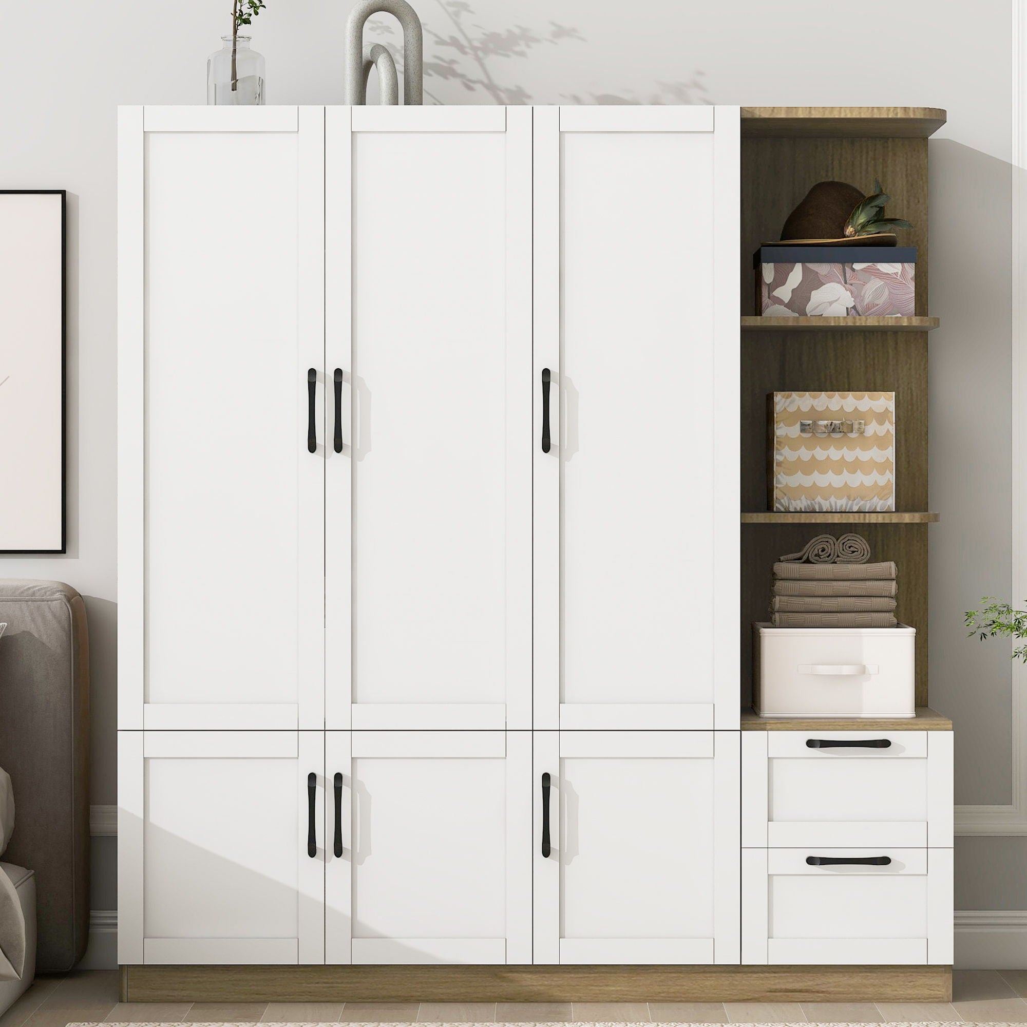 3 Door Storage Wardrobe For Dedroom With Shelves And 2 Drawers, Side Storage Shelves - White