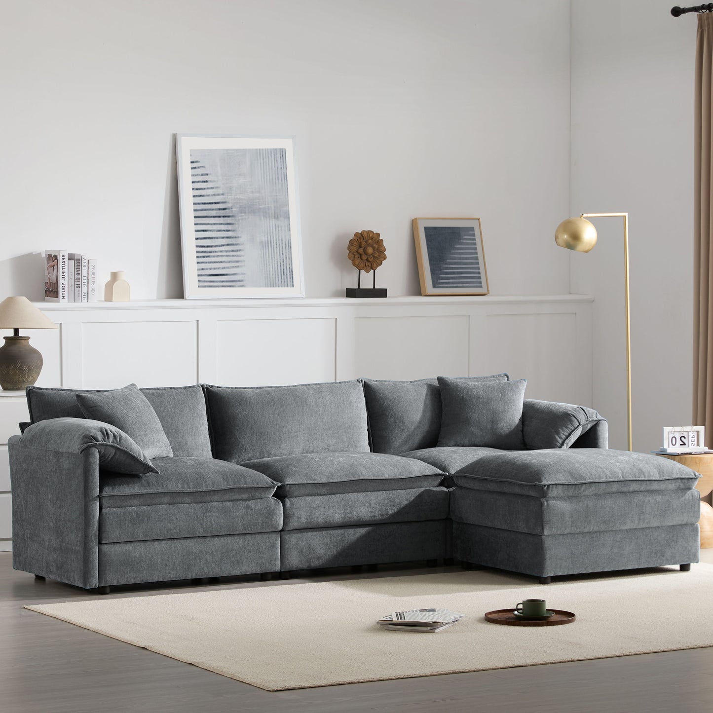 Modular Sectional With Deep And Wide Seat, L Shaped Cloud Couch Set With Double Cushions 4 Seat Sofa With Movable Ottoman Oversized - Dark Gray