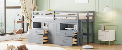 Twin Size Loft Bed With 4 Drawers, Underneath Cabinet And Shelves - Gray