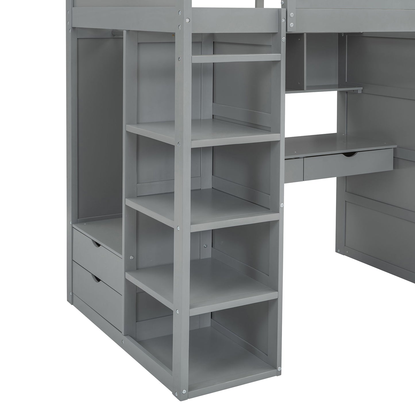 Twin Size Loft Bed With Desk, Wardrobes, 4 Drawers And 4 Shelves Construction - Gray