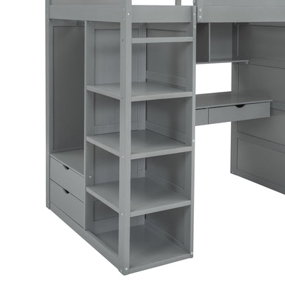 Twin Size Loft Bed With Desk, Wardrobes, 4 Drawers And 4 Shelves Construction - Gray
