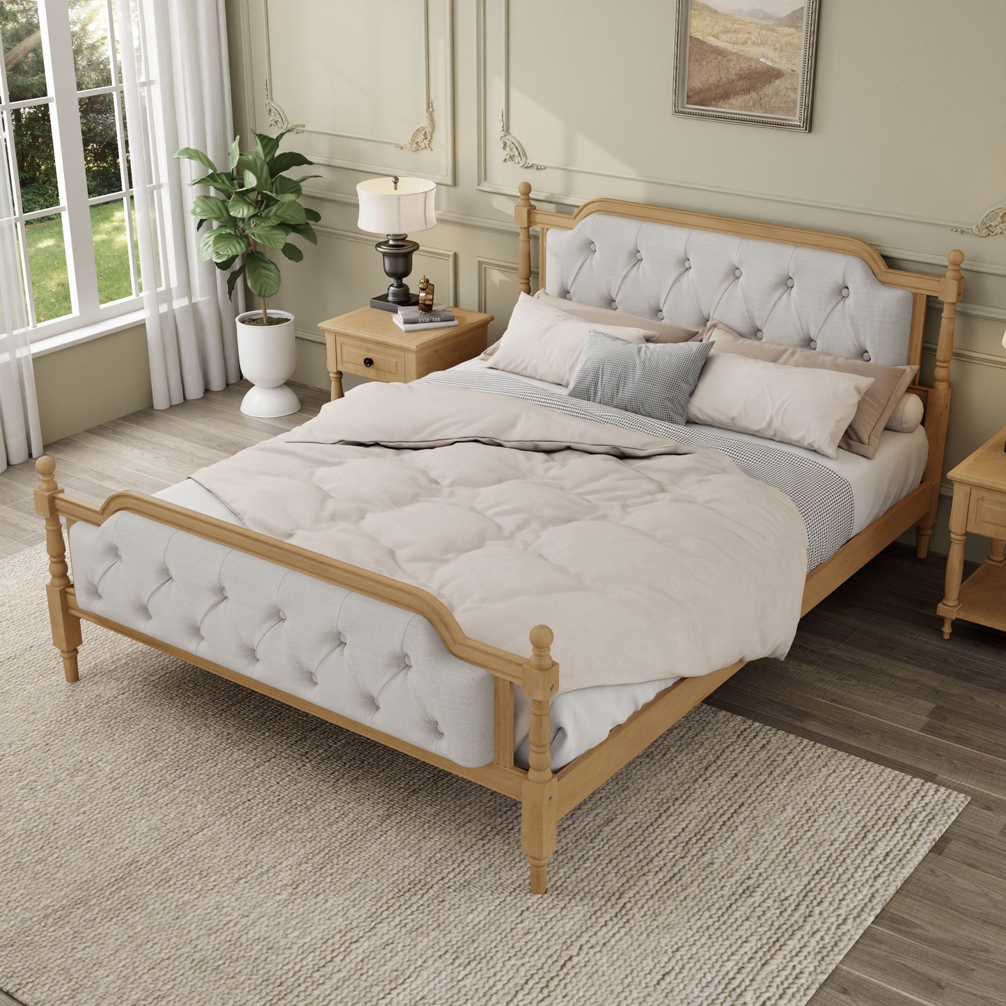 King Size Traditional Style Solid Bed Frame With Upholstered Tufted Headboard, No Box Spring Needed - Walnut