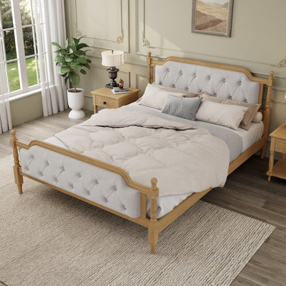 King Size Traditional Style Solid Bed Frame With Upholstered Tufted Headboard, No Box Spring Needed - Walnut