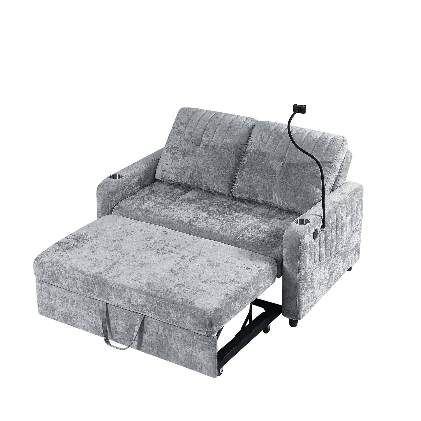 Modern Loveseat Pull Out Sofa Bed With Adjustable Backrest, Two Cup Holders, A Phone Holder, Three Charging Ports And Side Storage Pockets For Living Room - Gray