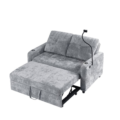Modern Loveseat Pull Out Sofa Bed With Adjustable Backrest, Two Cup Holders, A Phone Holder, Three Charging Ports And Side Storage Pockets For Living Room - Gray