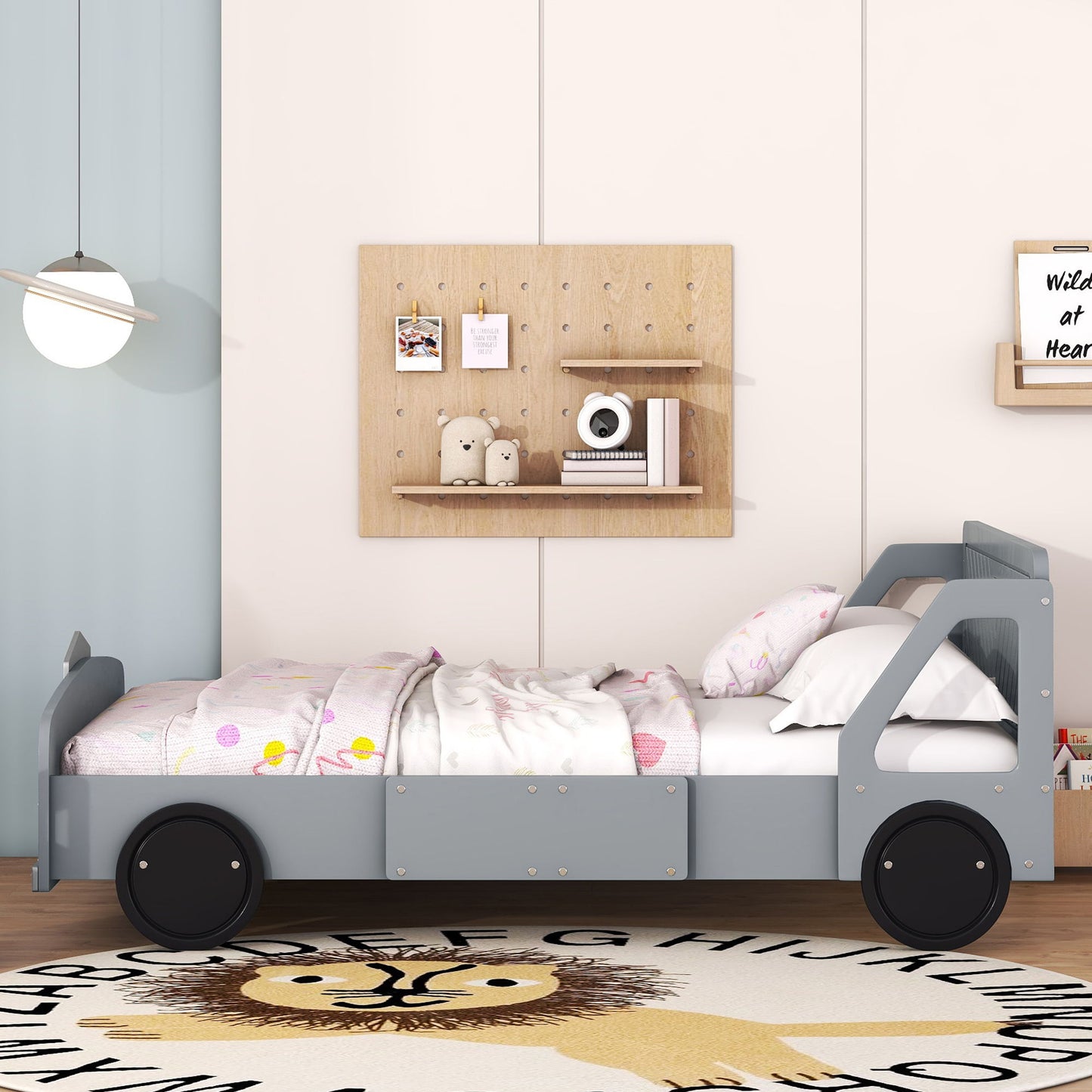 Full Size Car Shaped Platform Bed With Wheels - Gray