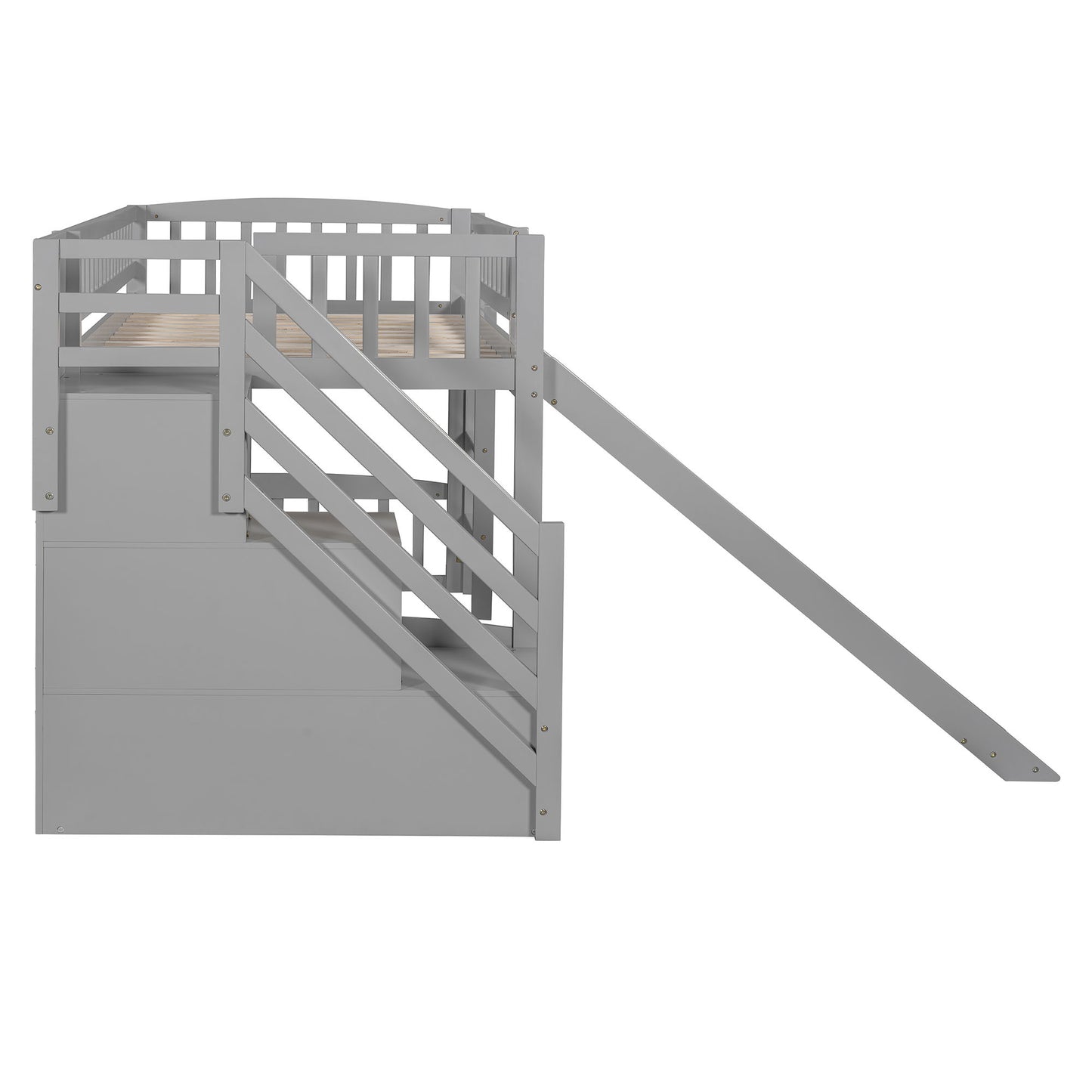 Twin Size Loft Stairway Bed With 2 Drawers And Slide - Gray