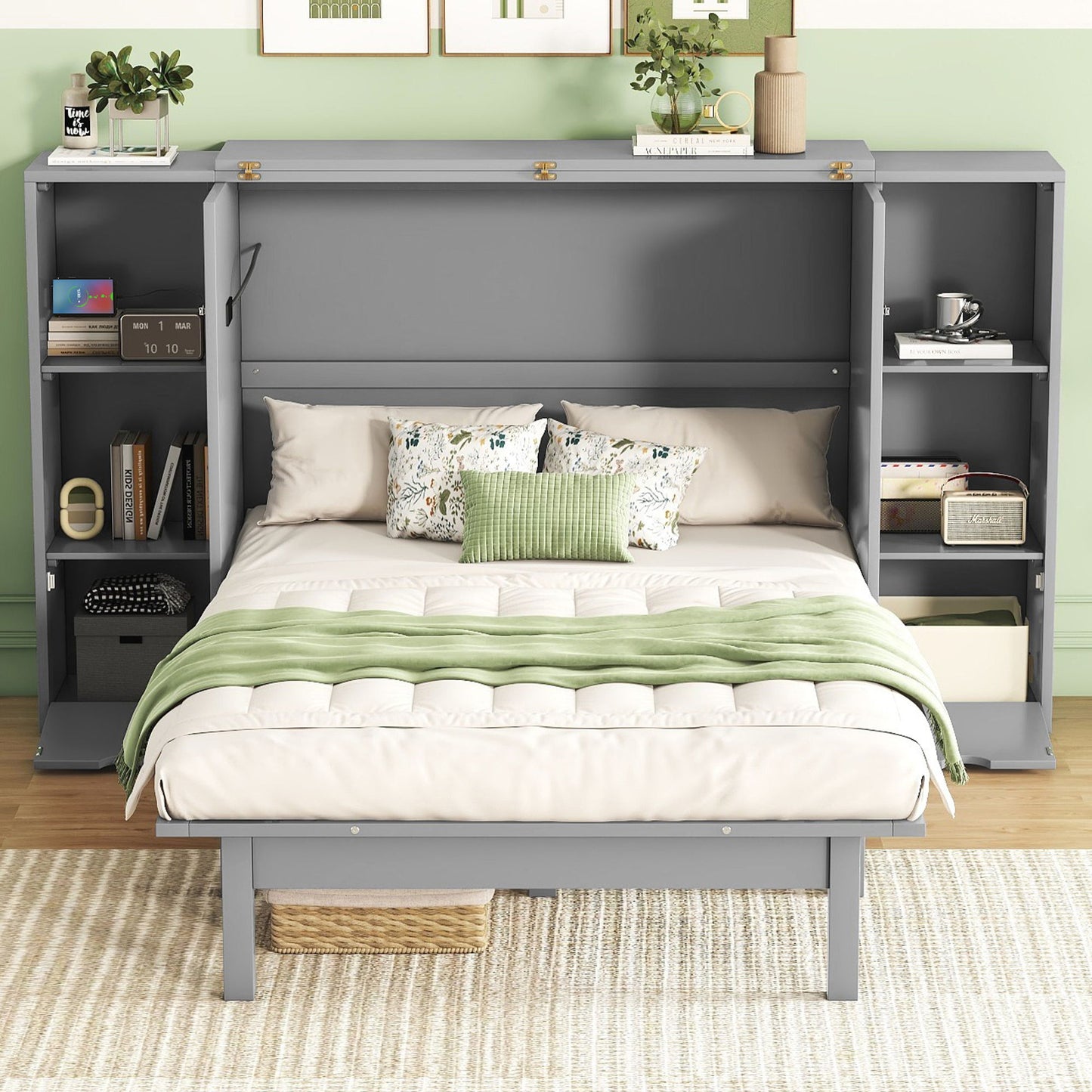 Queen Size Murphy Bed With Shelves, Drawers And USB Ports - Gray