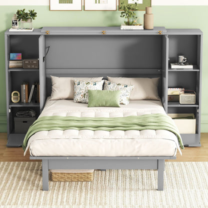 Queen Size Murphy Bed With Shelves, Drawers And USB Ports - Gray