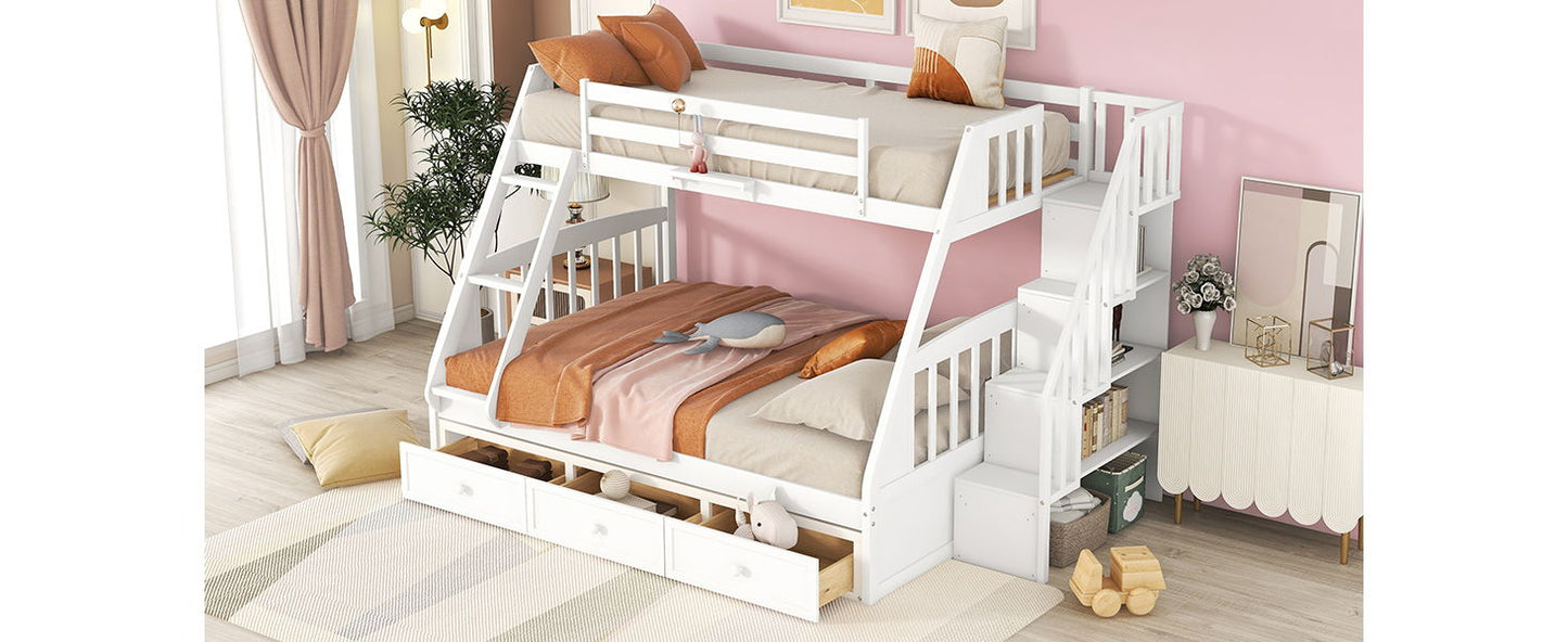 Twin Over Full Bunk Bed With Drawers, Ladder And Storage Staircase - White