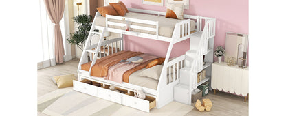 Twin Over Full Bunk Bed With Drawers, Ladder And Storage Staircase - White