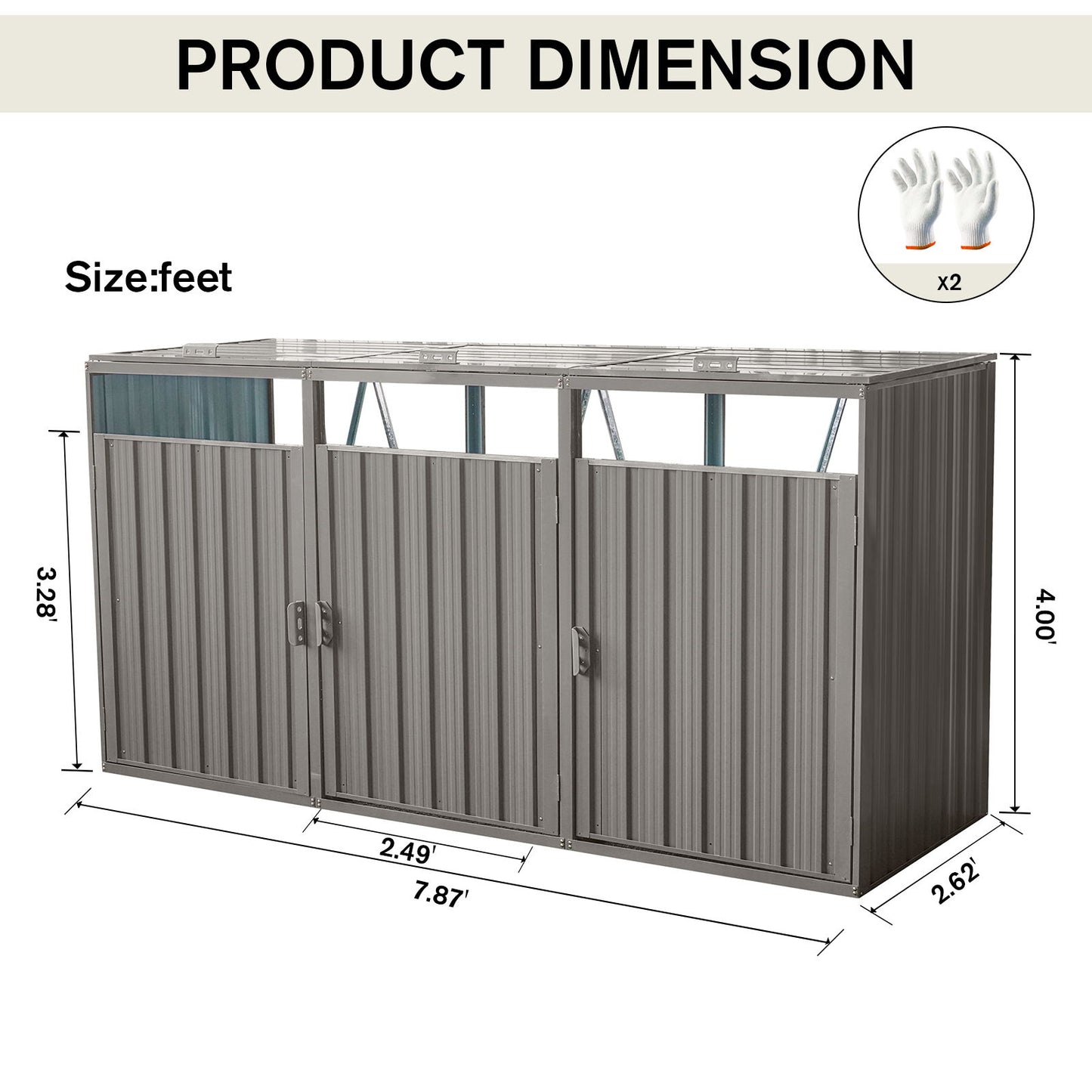 Garbage Bin Shed Stores 3 Trash Cans Metal Outdoor Bin Shed For Garbage Storage, Stainless Galvanized Steel, Bin Shed For Garden Yard Lawn - Gray