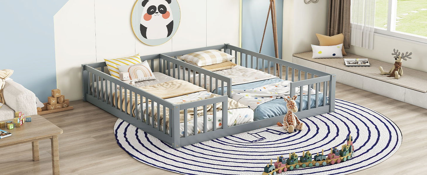 Double Twin Floor Bed With Fence, Guardrails, Without Door - Gray