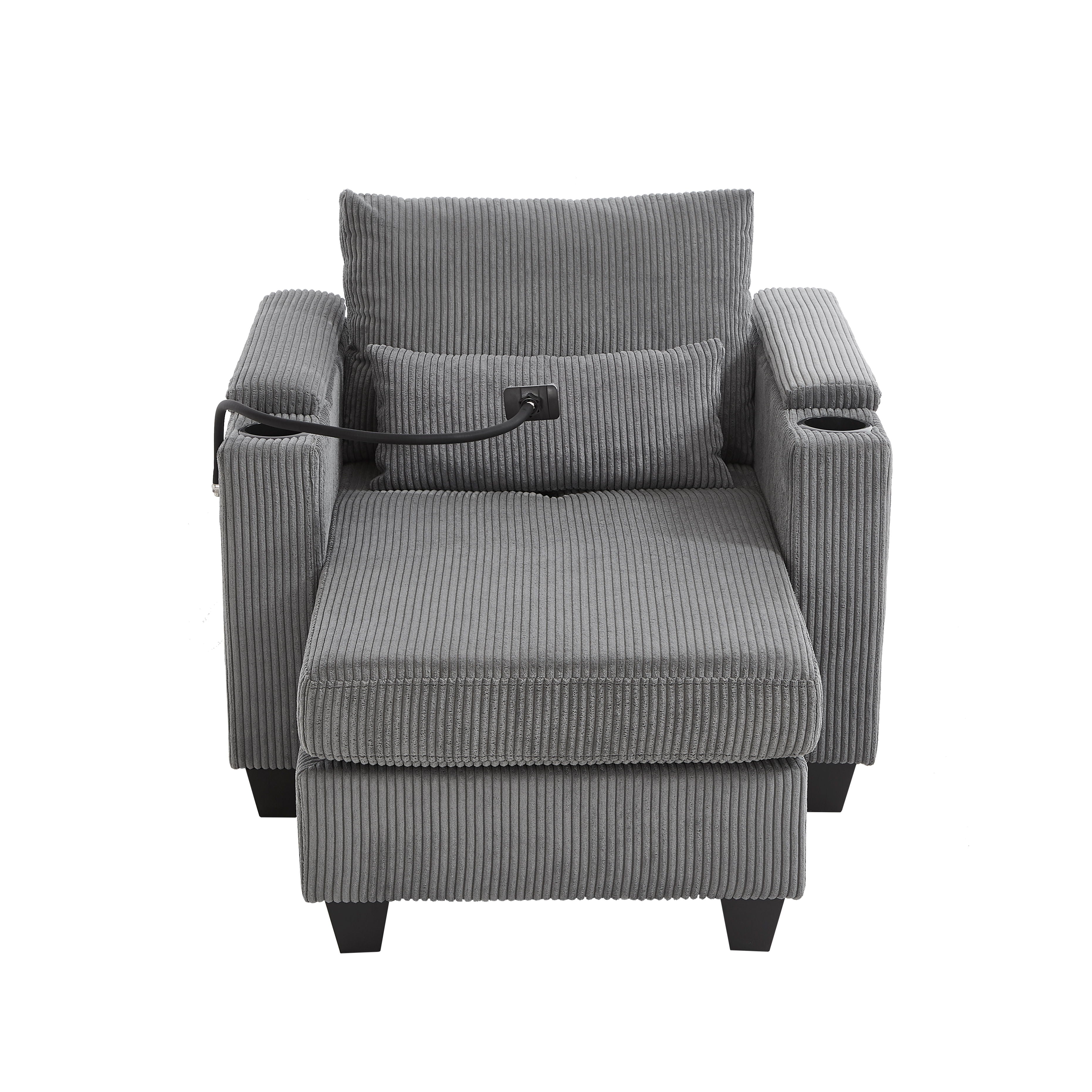 Convertible Chaise Lounge Sofa Chair Corduroy Sleeper With USB Ports, Cup Holders, Storage - Gray
