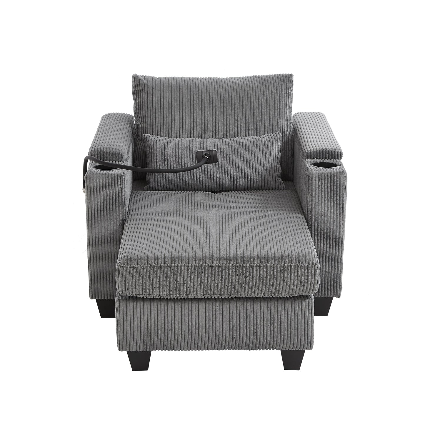 Convertible Chaise Lounge Sofa Chair Corduroy Sleeper With USB Ports, Cup Holders, Storage - Gray