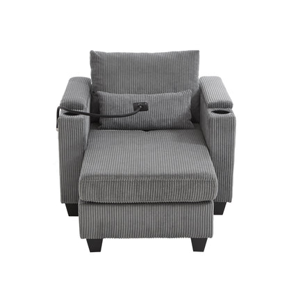 Convertible Chaise Lounge Sofa Chair Corduroy Sleeper With USB Ports, Cup Holders, Storage - Gray