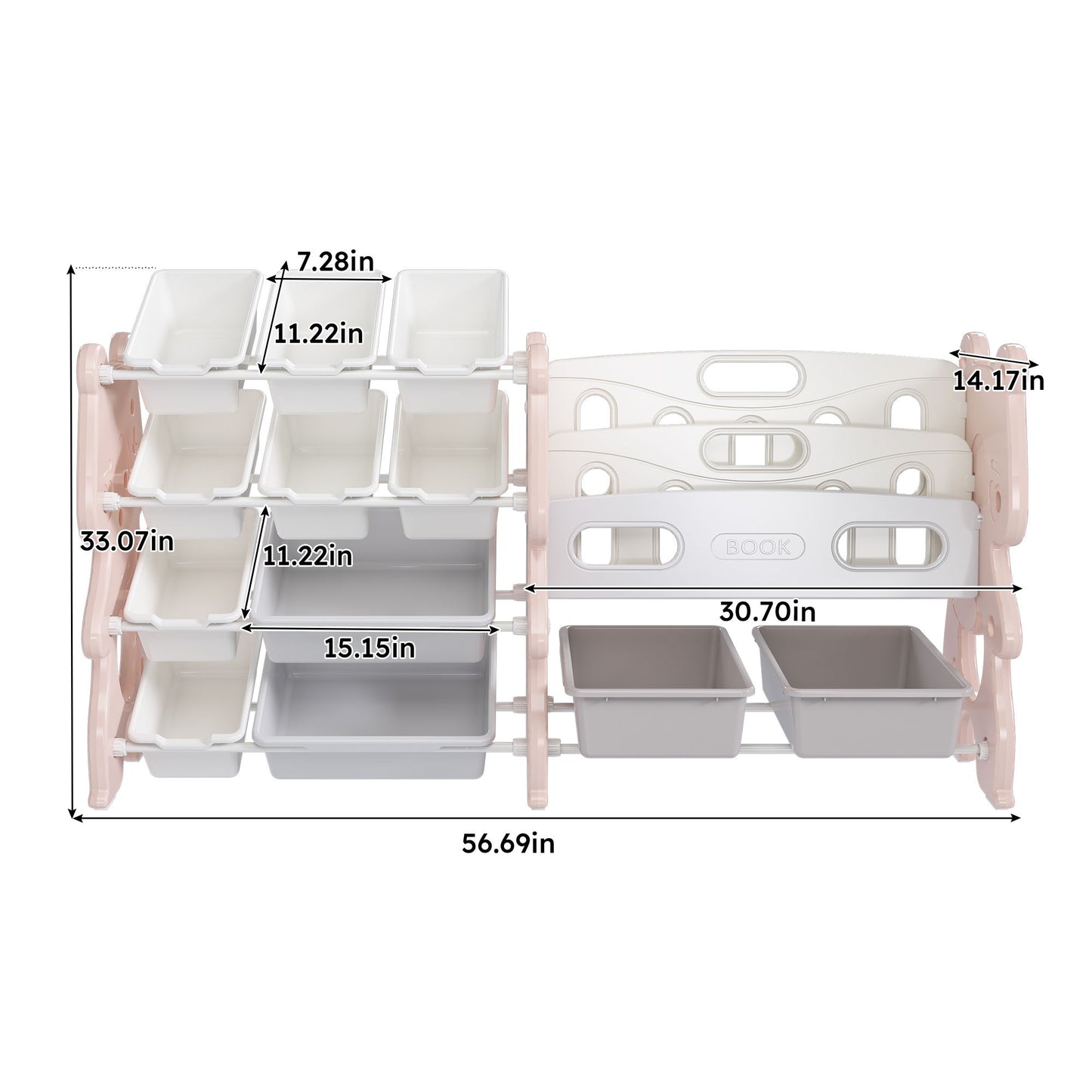 Kids Toy Storage Organizer With 2 Tier Bookshelf And 12 Toy Bins - Pink