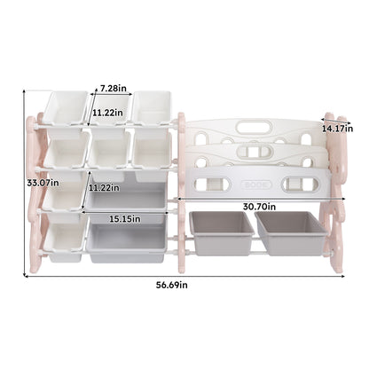 Kids Toy Storage Organizer With 2 Tier Bookshelf And 12 Toy Bins - Pink