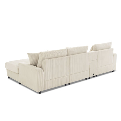 Sectional With Bluetooth Speakers L Shaped Couch With Console USB Charger, Cup Holders Storage Ottoman Deep And Wide Seat Cloud Sofa - Cream