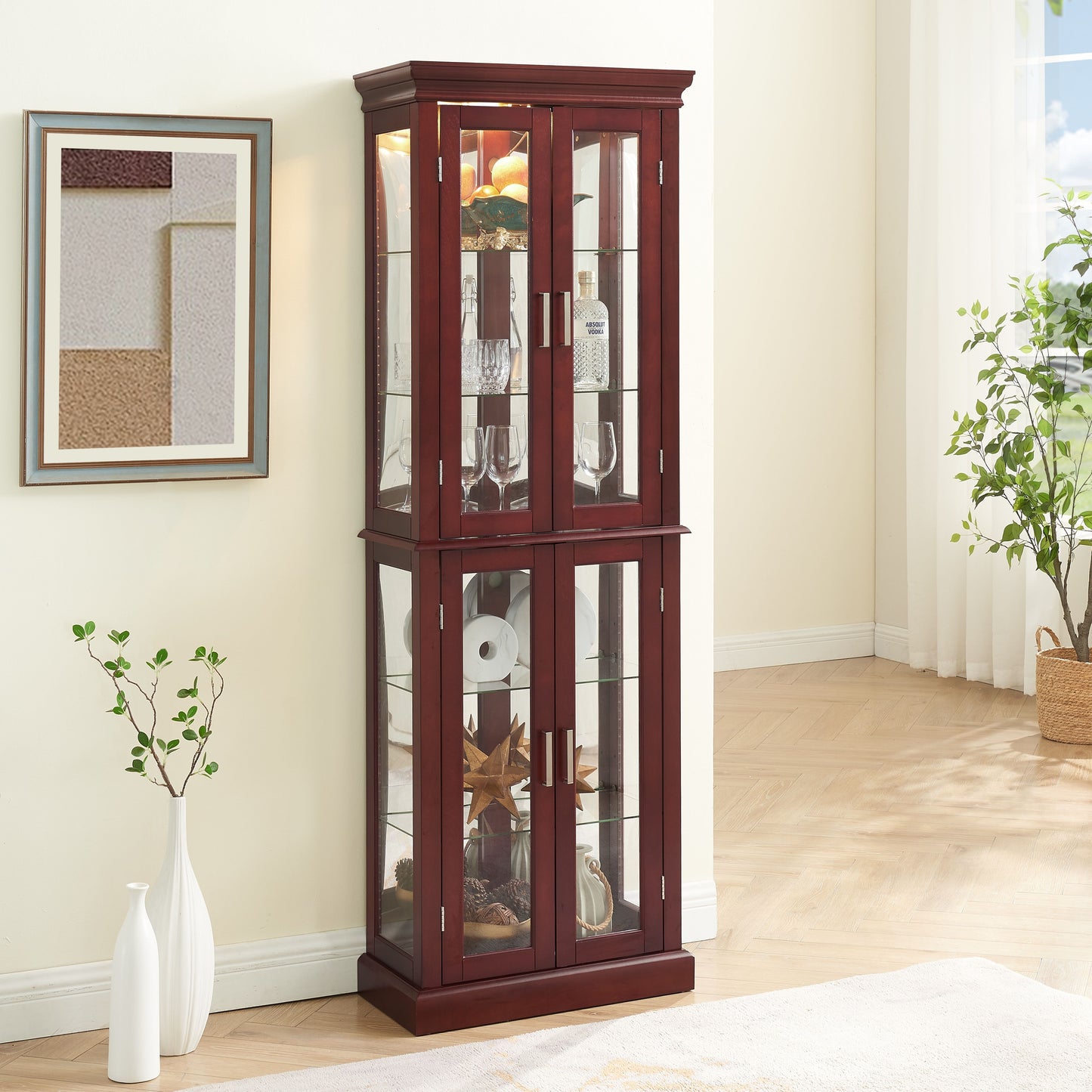 Curio Cabinet Lighted Curio Diapaly Cabinet With Adjustable Shelves And Mirrored Back Panel, Tempered Glass Doors 6 Tier, (E26 Light Bulb Not Included) - Cherry