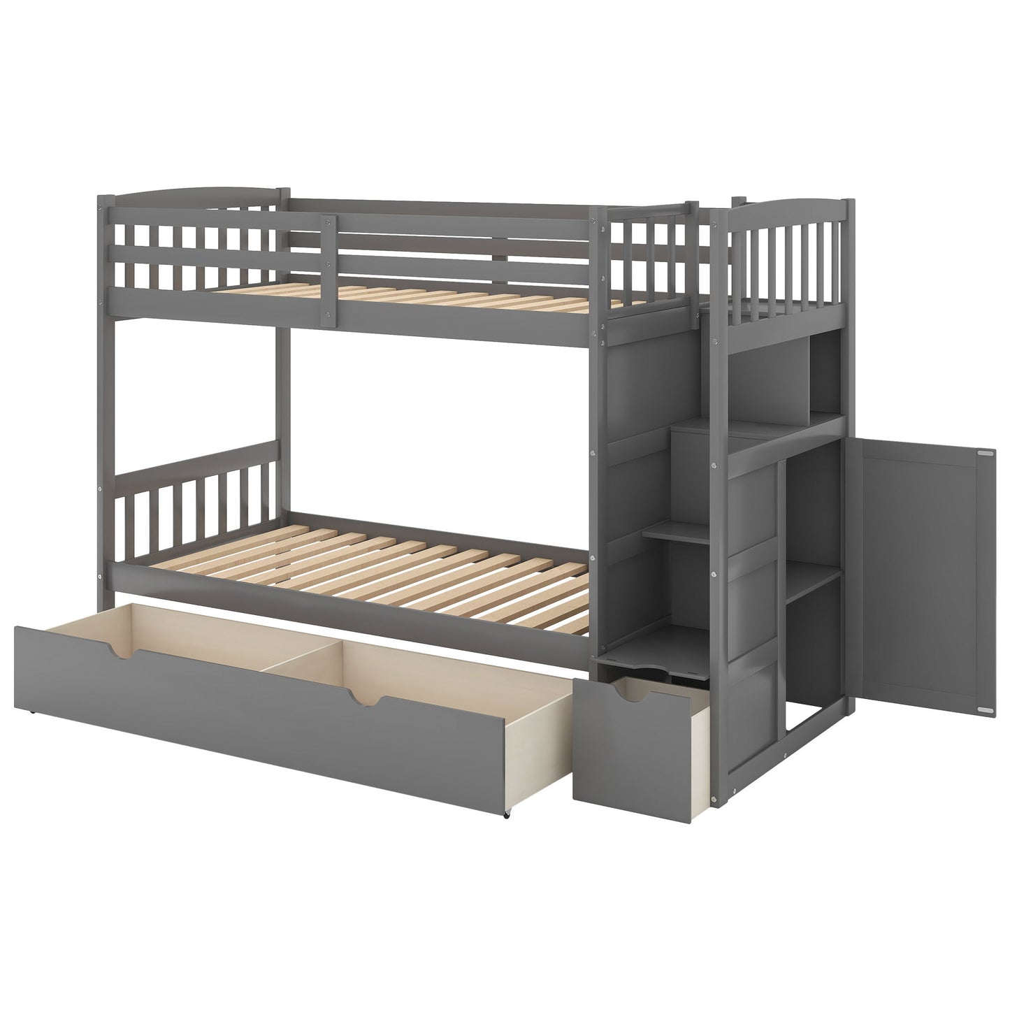 Twin Over Full / Twin Bunk Bed, Convertible Bottom Bed, Storage Shelves And Drawers - Gray