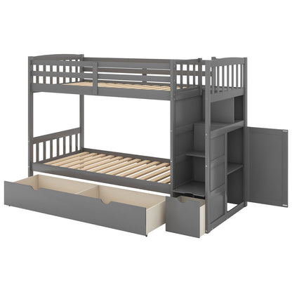 Twin Over Full / Twin Bunk Bed, Convertible Bottom Bed, Storage Shelves And Drawers - Gray
