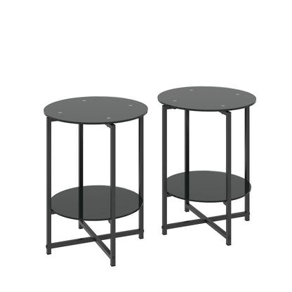 Tempered Glass End Table (Set of 2), Round Coffee Table For Bedroom Living Room Office - Black