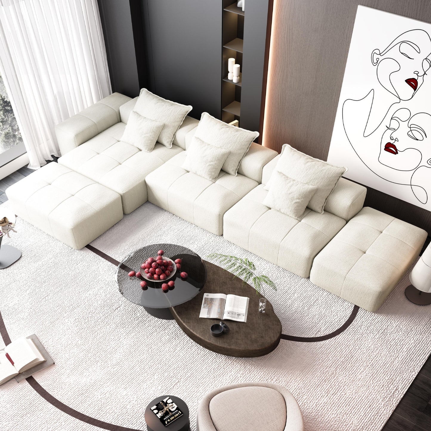 Modern Oversized Modular Sectional Sofa, Sparkling Chenille Fabric Soft Cushion Sofa With 6 Pillows, 6 Pieces Diy Combination Tufted Sofa, No Assembly Required - Beige